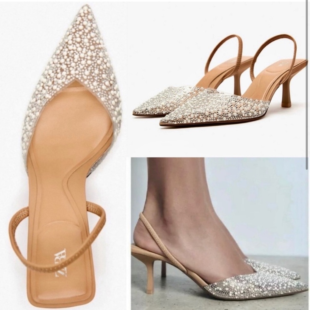 Zara NWOT Clear PVC Pearl & Rhinestone embellished Pointed Toe Slingback heels